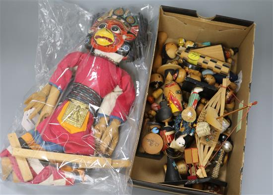 An Indian carved and painted wood and cloth string puppet and sundry decorative items,